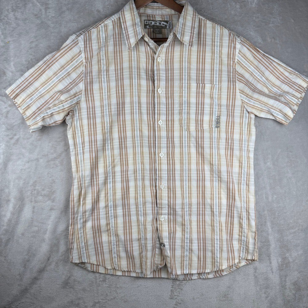 Vintage Oneill Mens Short Sleeve Button Down Shirt Tan Striped Plaid Medium